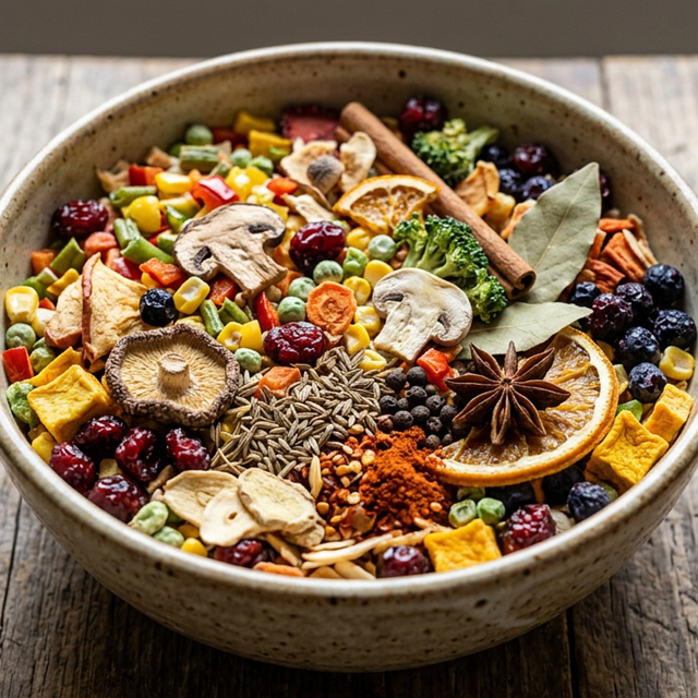 Custom Dehydrated Products — variety of solar-dried fruits, vegetables and spices